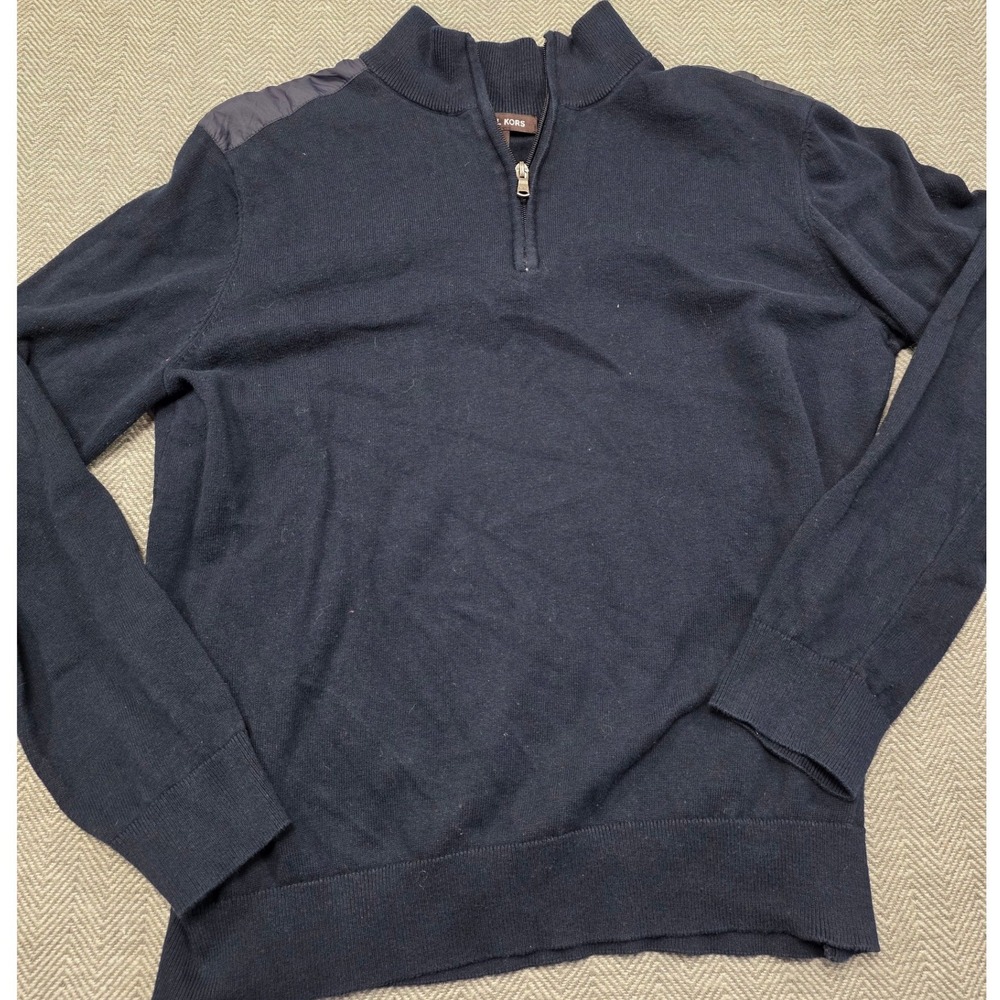 Michael Kors Mens‎ Navy Blue Quarter Zip Sweater Nylon Shoulder Patches Large